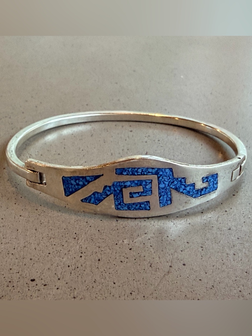 Vintage Sterling Silver Turquoise Inlay Tribal Bangle Bracelet-Alpaca Mexico